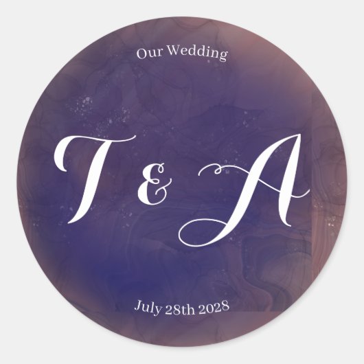 Wedding Monogram Elegant Lila Runder Aufkleber (Vorderseite)