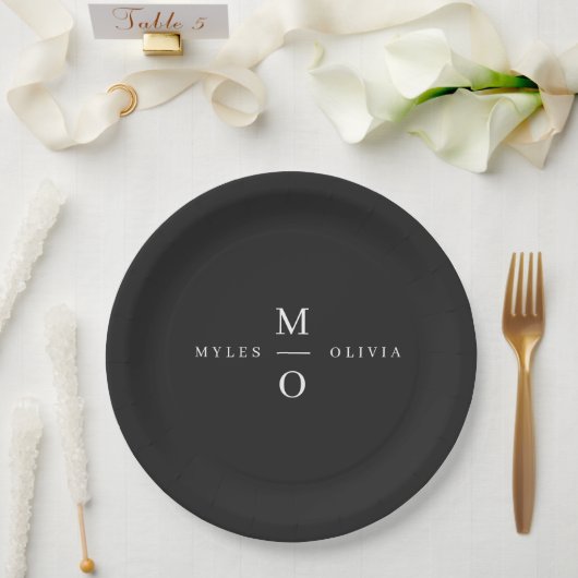 Wedding Monogram Elegant Minimal Stilvolle Schwarz Pappteller (Hochzeit)