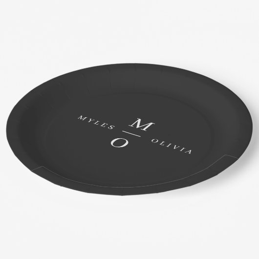 Wedding Monogram Elegant Minimal Stylish Black Pappteller (Schrägansicht)