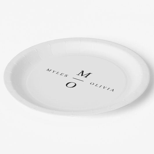 Wedding Monogram Elegant Minimalist Simple White Pappteller (Schrägansicht)