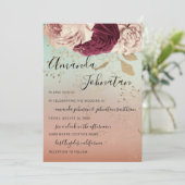 Wedding Monogram Florals BurgundyMarsala Rose Aqua Einladung (Stehend Vorderseite)