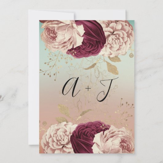 Wedding Monogram Florals BurgundyMarsala Rose Aqua Einladung (Rückseite)