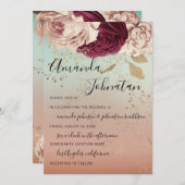 Wedding Monogram Florals BurgundyMarsala Rose Aqua Einladung (Vorne/Hinten)