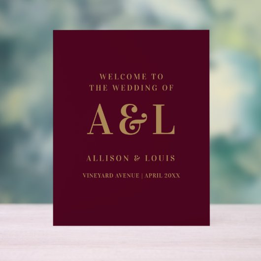 Wedding Monogram Minimalistisch Burgundy Gold Acrylschild (Neutral)