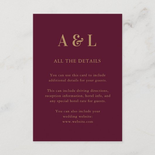 Wedding Monogram Minimalistisch Burgundy Gold Begleitkarte (Vorderseite)