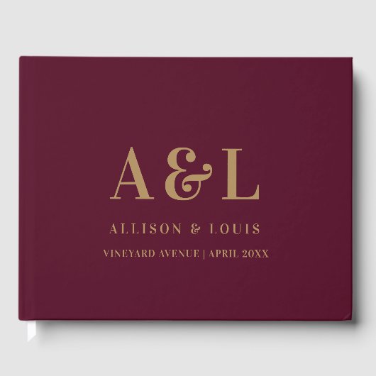 Wedding Monogram Minimalistisch Burgundy Gold Gästebuch (Vorderseite)