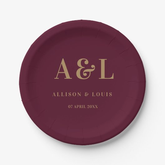 Wedding Monogram Minimalistisch Burgundy Gold Pappteller (Vorderseite)