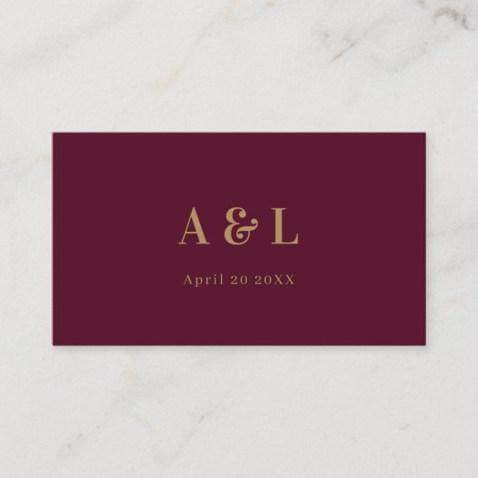 Wedding Monogram Minimalistisch Burgundy Gold Platzkarte (Vorderseite)