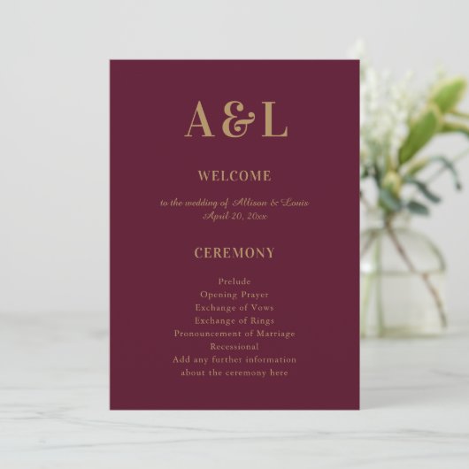 Wedding Monogram Minimalistisch Burgundy Gold Programm (Stehend Vorderseite)