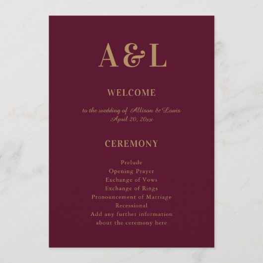 Wedding Monogram Minimalistisch Burgundy Gold Programm (Vorderseite)