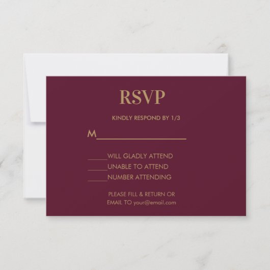 Wedding Monogram Minimalistisch Burgundy Gold RSVP Karte (Vorderseite)