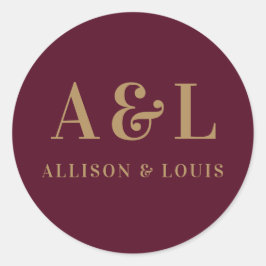 Wedding Monogram Minimalistisch Burgundy Gold Runder Aufkleber
