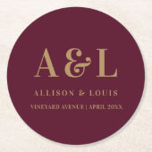 Wedding Monogram Minimalistisch Burgundy Gold Runder Pappuntersetzer (Vorderseite)