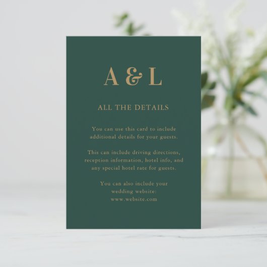 Wedding Monogram Minimalistisch Emerald Green Gold Begleitkarte (Stehend Vorderseite)