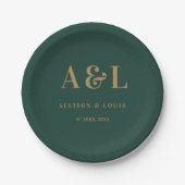 Wedding Monogram Minimalistisch Emerald Green Gold Pappteller (Vorderseite)