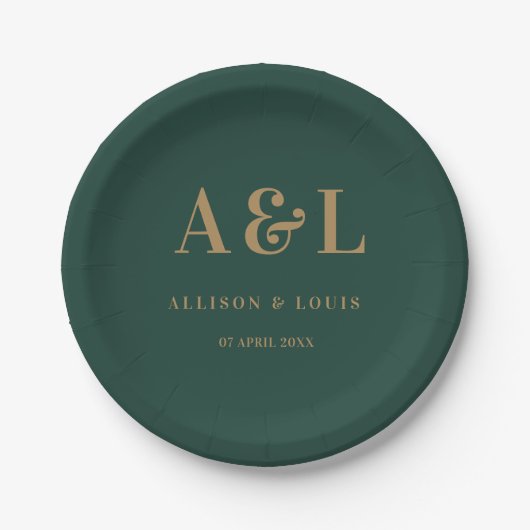 Wedding Monogram Minimalistisch Emerald Green Gold Pappteller (Vorderseite)