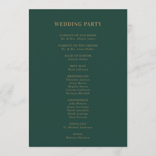 Wedding Monogram Minimalistisch Emerald Green Gold Programm (Rückseite)