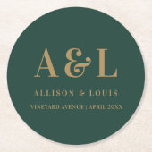 Wedding Monogram Minimalistisch Emerald Green Gold Runder Pappuntersetzer (Vorderseite)