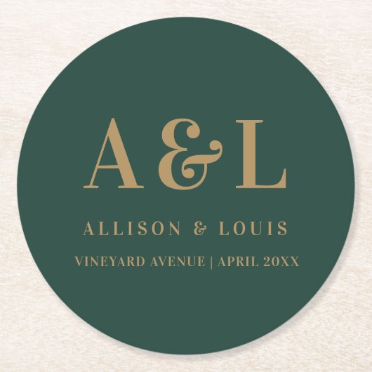 Wedding Monogram Minimalistisch Emerald Green Gold Runder Pappuntersetzer (Vorderseite)