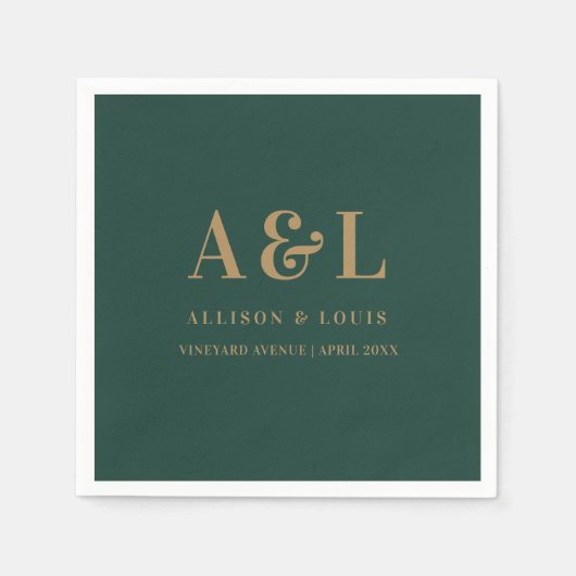 Wedding Monogram Minimalistisch Emerald Green Gold Serviette (Vorderseite)