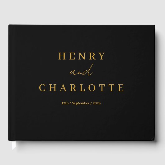 Wedding Monogram Minimalistisch Simple Gold and Bl Gästebuch (Vorderseite)
