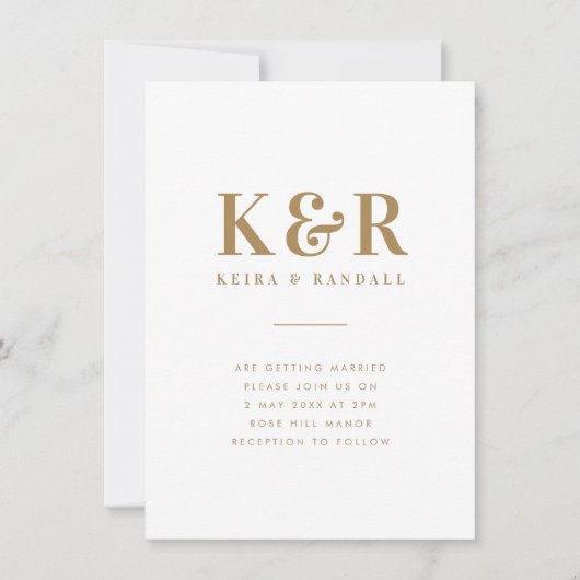 Wedding Monogram Minimalistisch Simple Gold and Wh Einladung (Vorderseite)