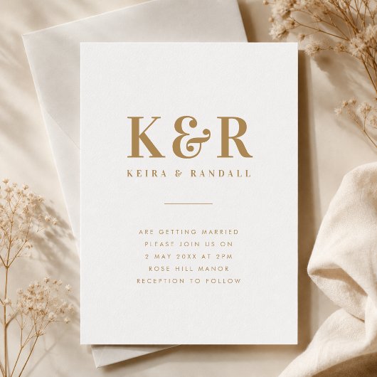 Wedding Monogram Minimalistisch Simple Gold and Wh Einladung