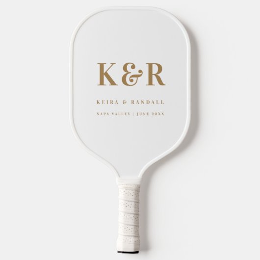 Wedding Monogram Minimalistisch Simple Gold and Wh Pickleball Schläger (Rückseite)