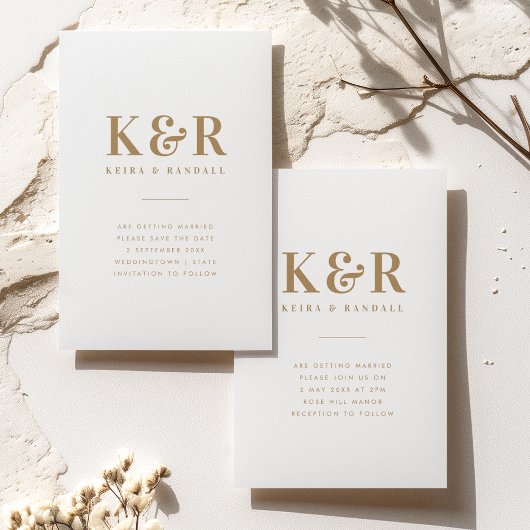 Wedding Monogram Minimalistisch Simple Gold and Wh Save The Date
