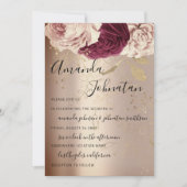 Wedding Monogram Pink Florals Marsala Rose Gold Einladung (Vorderseite)