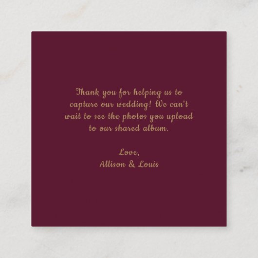 Wedding Monogram QR Code Burgundy Gold Begleitkarte (Rückseite)