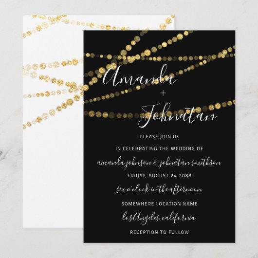 Wedding Monogram Schwarz-weiß Lights Gold Neuer Tr Einladung (Vorne/Hinten)