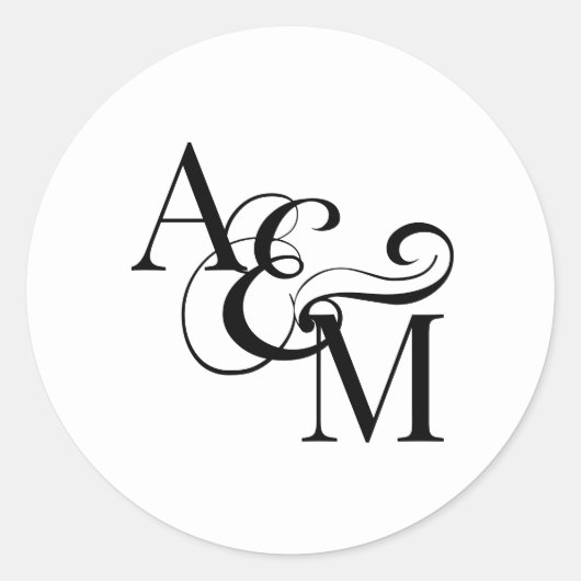 Wedding Monogram Schwarz-weiß Simple Elegant Runder Aufkleber (Vorderseite)