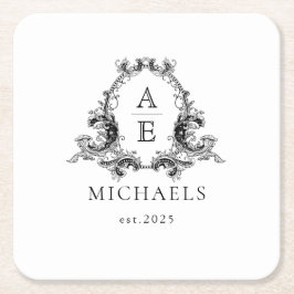 Wedding Monogram | Schwarzer und weißer Untersetze Rechteckiger Pappuntersetzer