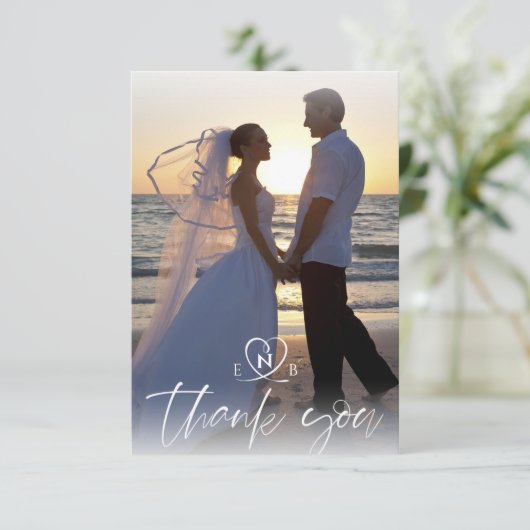Wedding Monogram White Hearts 2 Fotos Script Dankeskarte (Stehend Vorderseite)