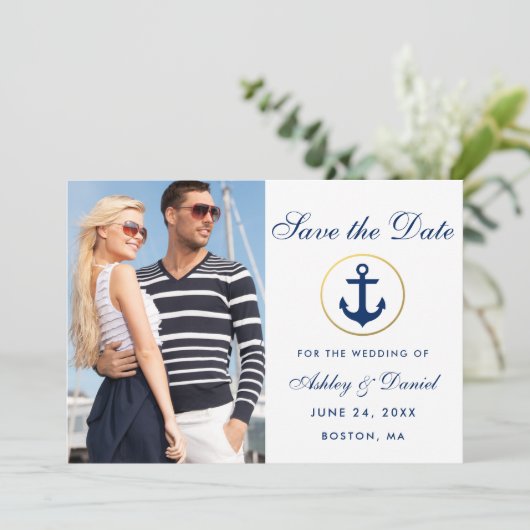Wedding Nautical Blue Save the Date Foto (Stehend Vorderseite)