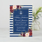 Wedding Nautical Blue Stripes Burgundy Invite W Einladung (Stehend Vorderseite)