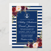 Wedding Nautical Blue Stripes Burgundy Invite W Einladung (Vorne/Hinten)