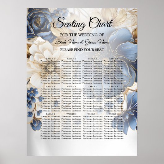 Wedding Navy Blue White Golden Floral Silver Poster (Vorne)