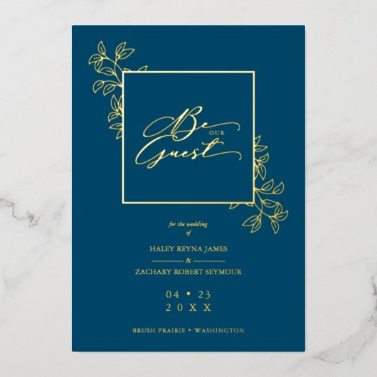 Wedding Navy Trendy Modern Branches Frame Photo Folieneinladung (Vorderseite)