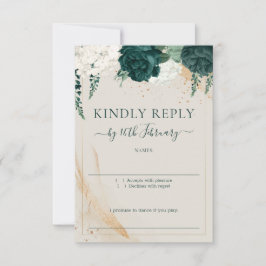 Wedding Neutral Cream Signature Emerald Green Rose RSVP Karte