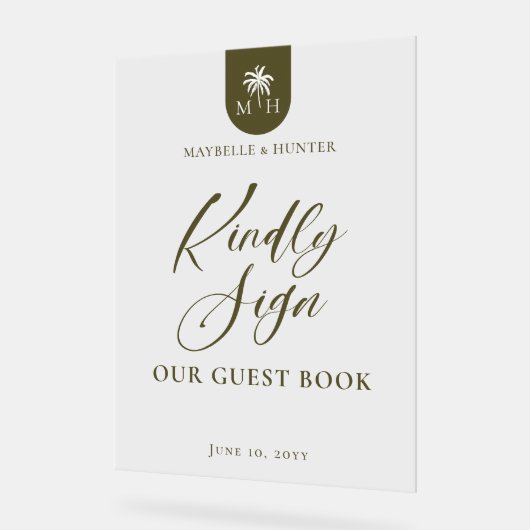 Wedding Palm Monogram Kindly Sign Our Guest Book Acrylschild (Winkel)