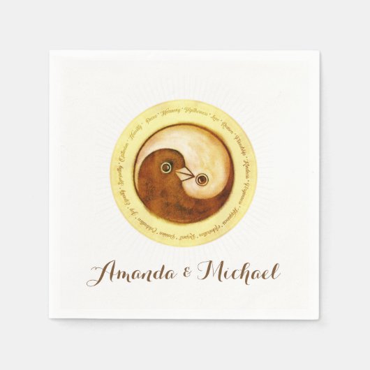 WEDDING PAPIER NAPKIN. Gold YinYang taubt. Serviette (Vorderseite)