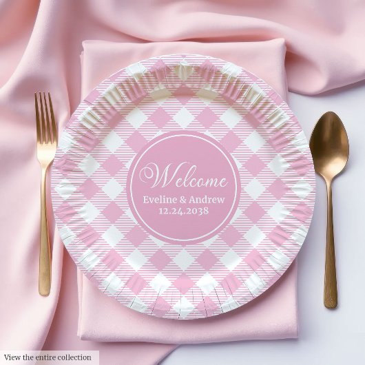 Wedding Party Paper Plates Pink Plaid Chic Accent Pappteller