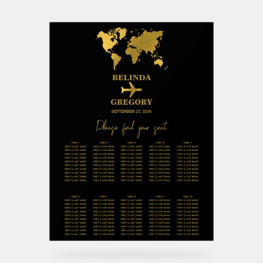 Wedding Passport Black Gold Seating Chart Acrylschild (Vorderseite)