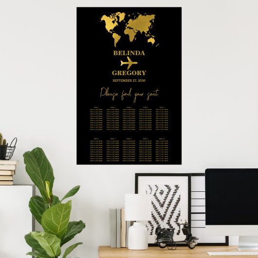 Wedding Passport Black Gold Seating Chart Poster (Heimbüro)