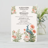 Wedding Peacock Botanical | Vintage Floral Art Einladung (Stehend Vorderseite)