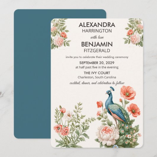Wedding Peacock Botanical | Vintage Floral Art Einladung (Vorne/Hinten)