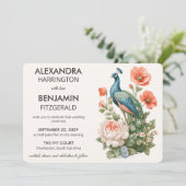 Wedding Peacock Botanical | Vintage Floral Art Einladung (Stehend Vorderseite)