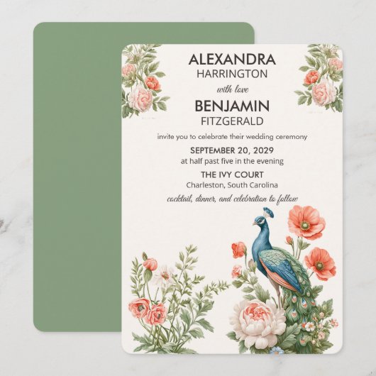 Wedding Peacock Botanical | Vintage Floral Art Einladung (Vorne/Hinten)